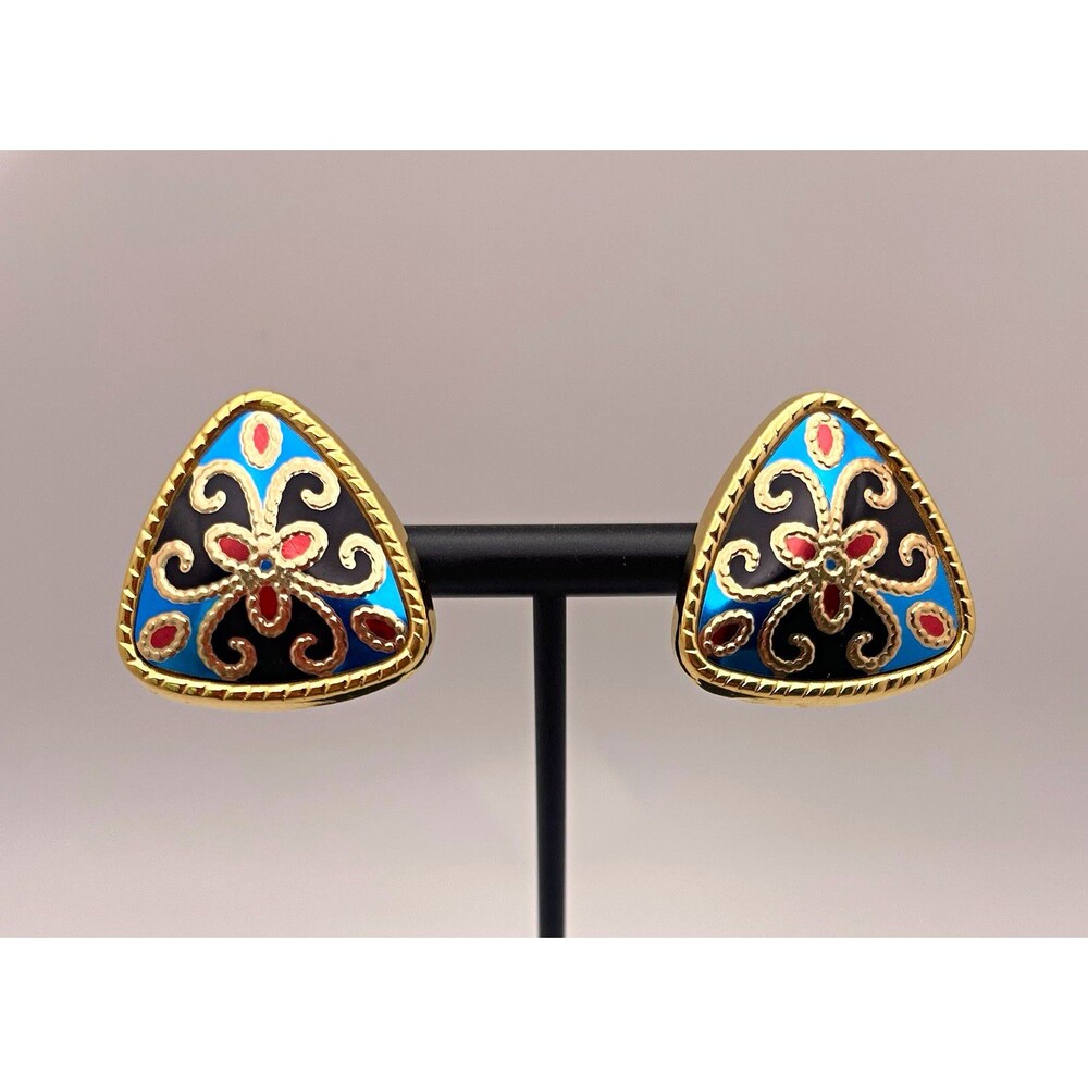 Retro 80’s Gold Tone Enamel Triangle Clip-On Earrings Blue Black Red 1 in